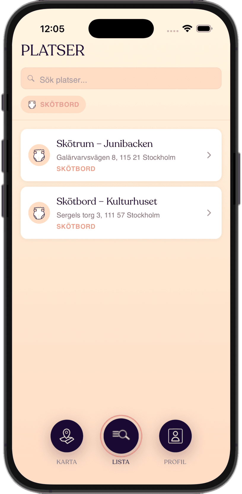 Detaljvy i SMULA med bilder, öppettider och tips om ett skötbord
